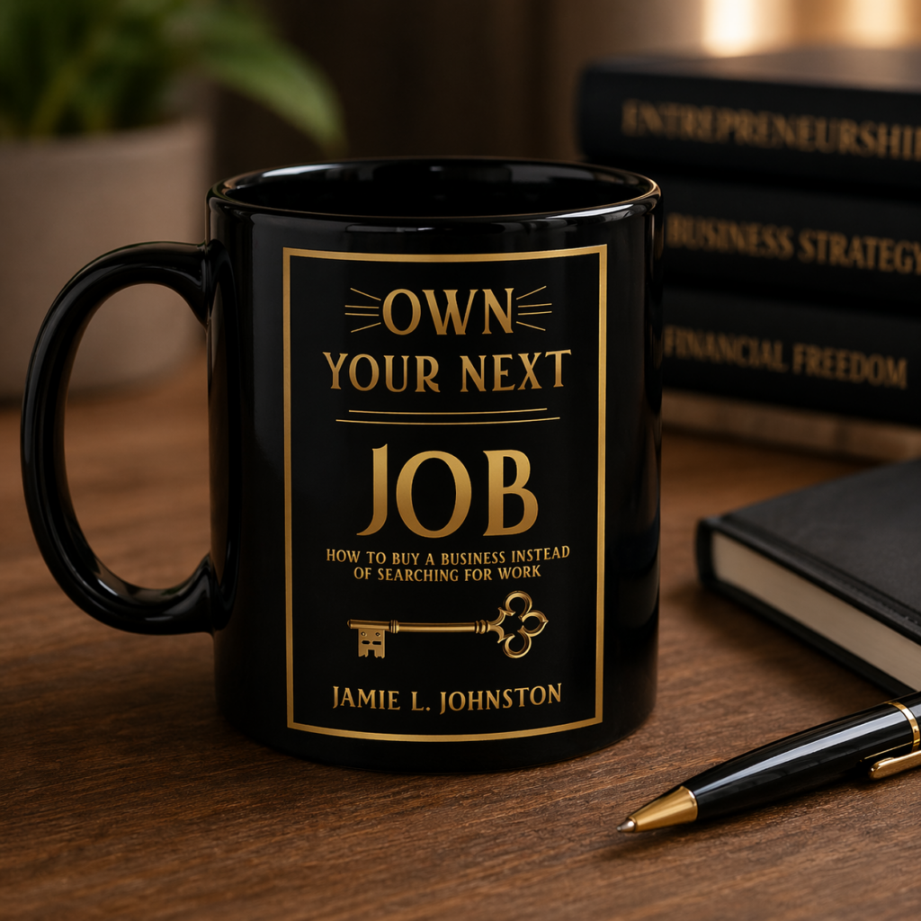 Picture of a black mug with "Own Your Next Job" book cover on it. In front of the mug is a black and gold pen.